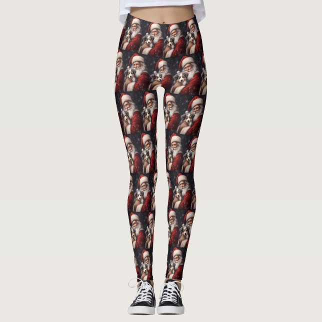 Australian Shepherd with Santa Claus Christmas  Leggings (Front)