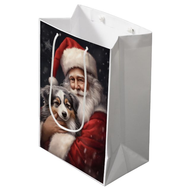 Australian Shepherd with Santa Claus Christmas  Medium Gift Bag (Front Angled)