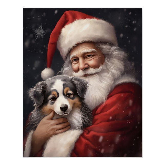 Australian Shepherd with Santa Claus Christmas  Poster (Front)