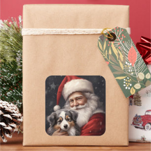 Australian Shepherd with Santa Claus Christmas  Square Sticker