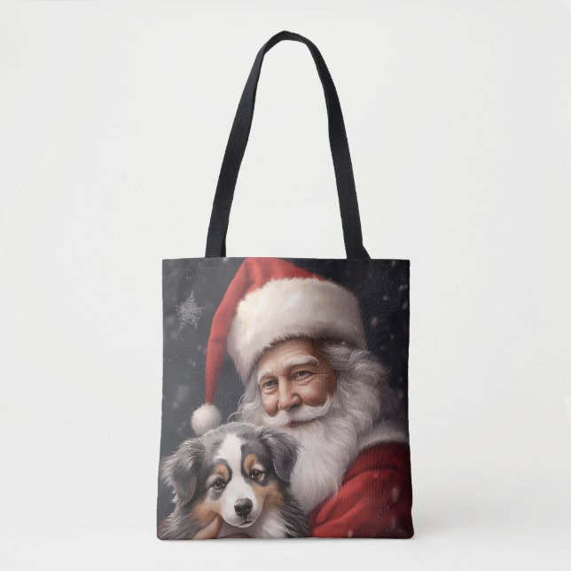 Australian Shepherd with Santa Claus Christmas  Tote Bag (Front)
