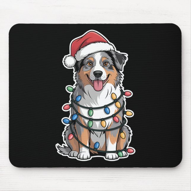 Australian Shepherd Wrapped In Christmas Lights  Mouse Mat (Front)