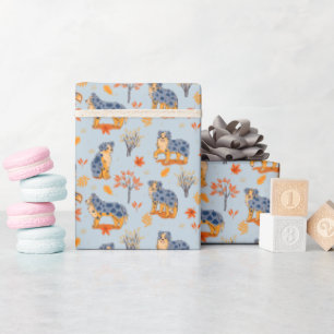 Australian Shepherds Autumn Leaves Bushes Pattern  Wrapping Paper