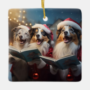 Australian Shepherds Christmas Caroling Holiday Ceramic Ornament