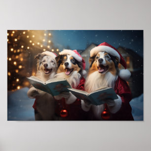Australian Shepherds Christmas Caroling Holiday Poster