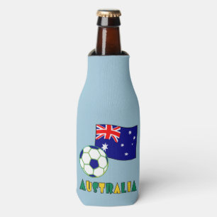 Australian Soccer Ball and Flag Blue Background Bottle Cooler