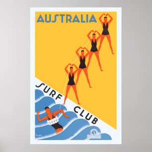 Australian Surf Club 1930s Vintage Style Travel Poster