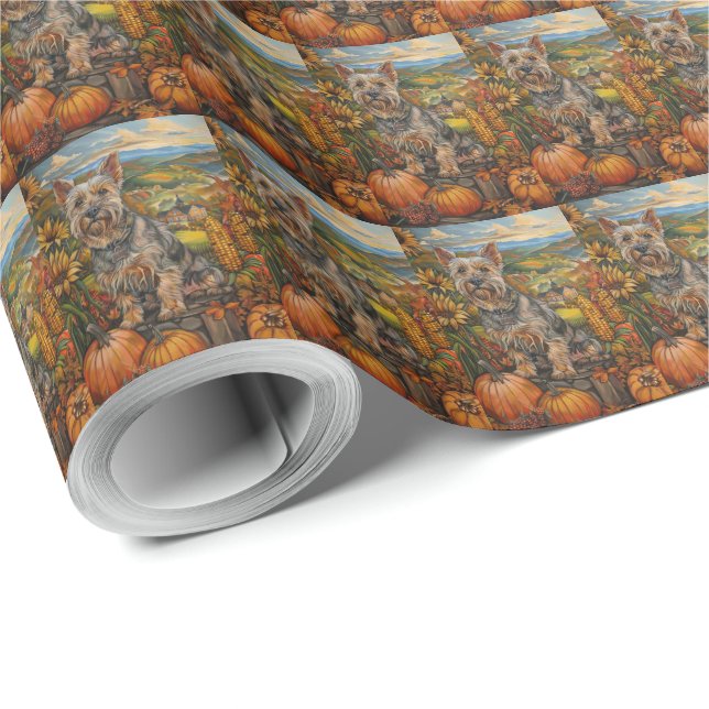 Australian Terrier Autumn Harvest Thanksgiving Wrapping Paper (Roll Corner)