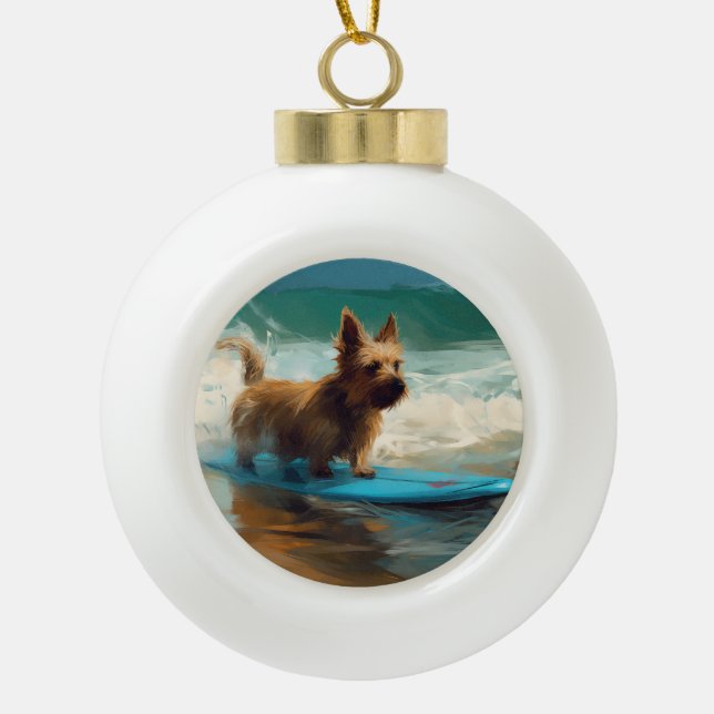 Australian Terrier Beach Surfing Painting  Ceramic Ball Christmas Ornament (Front)