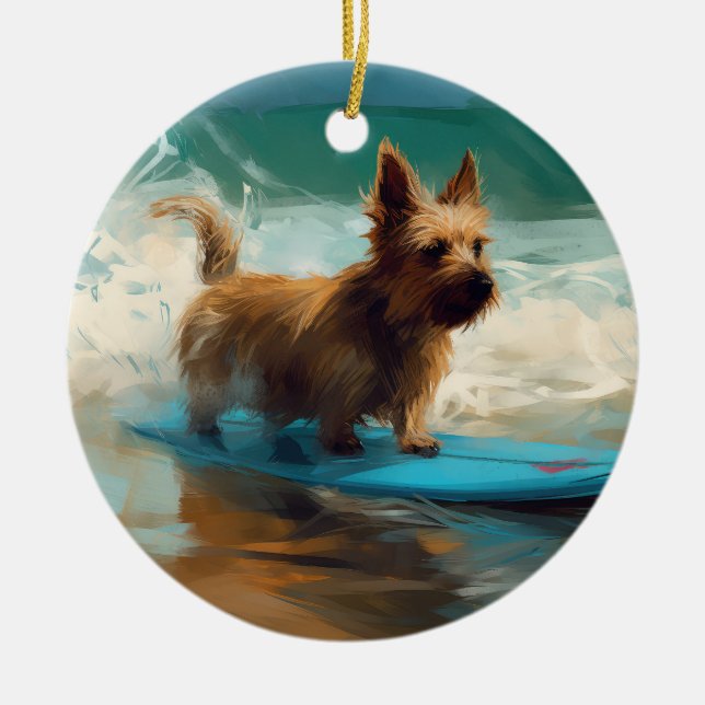 Australian Terrier Beach Surfing Painting  Ceramic Tree Decoration (Front)