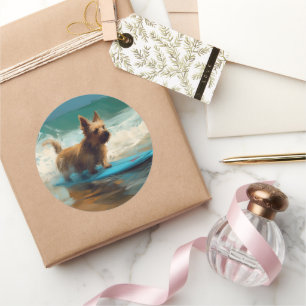 Australian Terrier Beach Surfing Painting  Classic Round Sticker