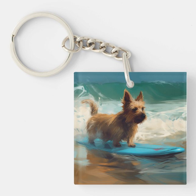 Australian Terrier Beach Surfing Painting  Key Ring (Front)