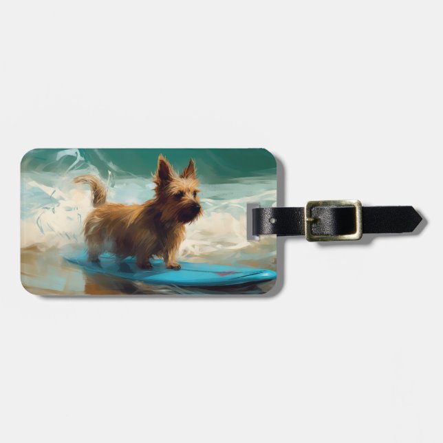 Australian Terrier Beach Surfing Painting  Luggage Tag (Front Horizontal)