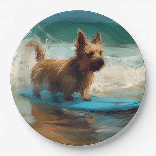 Australian Terrier Beach Surfing Painting  Paper Plate