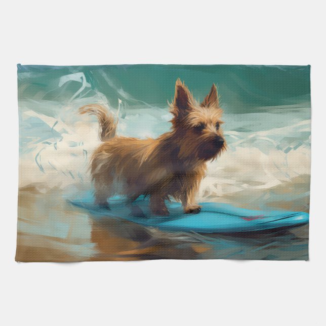 Australian Terrier Beach Surfing Painting  Tea Towel (Horizontal)