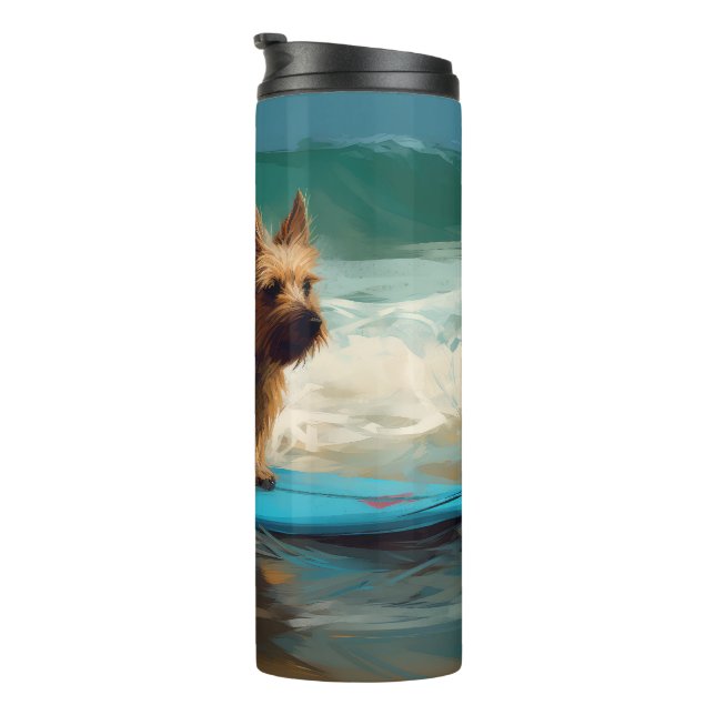 Australian Terrier Beach Surfing Painting  Thermal Tumbler (Rotated Right)