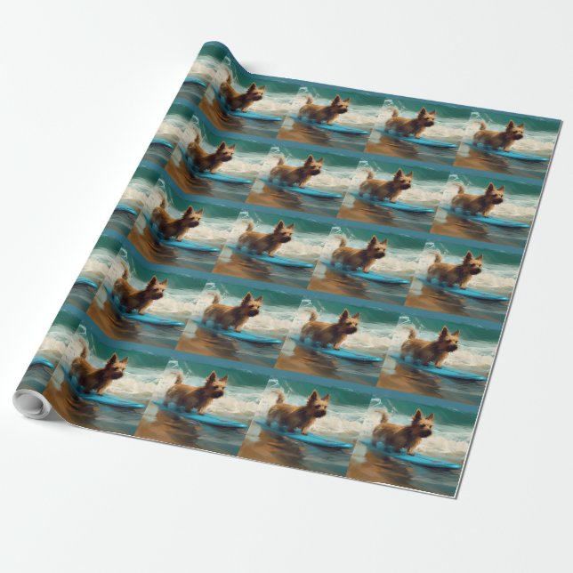 Australian Terrier Beach Surfing Painting  Wrapping Paper (Unrolled)
