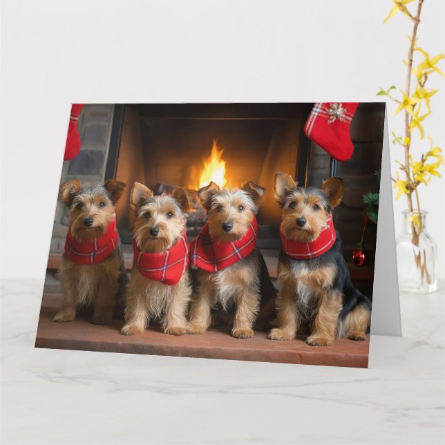 Australian Terrier by the Fireplace Christmas Card (Yellow Flower)
