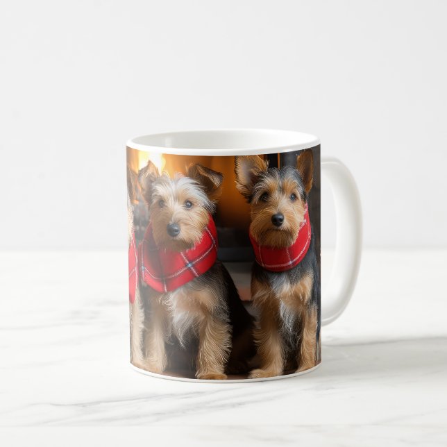 Australian Terrier by the Fireplace Christmas Coffee Mug (Front Right)