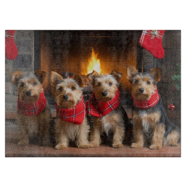 Australian Terrier by the Fireplace Christmas Cutting Board (Front)