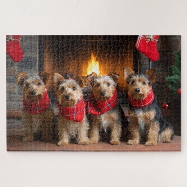 Australian Terrier by the Fireplace Christmas Jigsaw Puzzle (Horizontal)