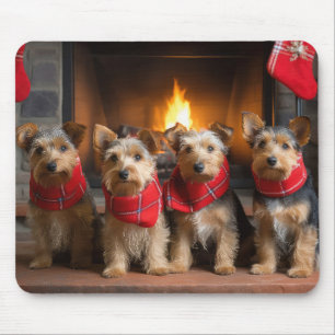 Australian Terrier by the Fireplace Christmas Mouse Mat