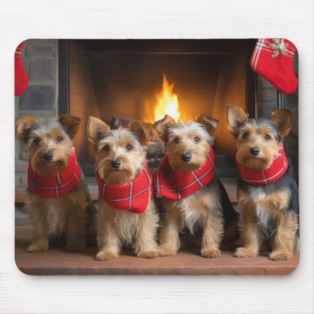 Australian Terrier by the Fireplace Christmas Mouse Mat (Front)
