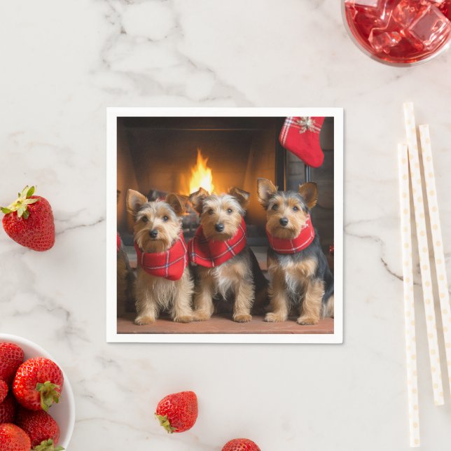 Australian Terrier by the Fireplace Christmas Napkin (Insitu)