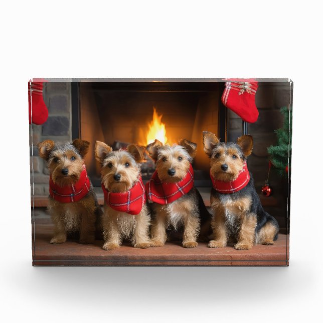 Australian Terrier by the Fireplace Christmas Photo Block (Front)