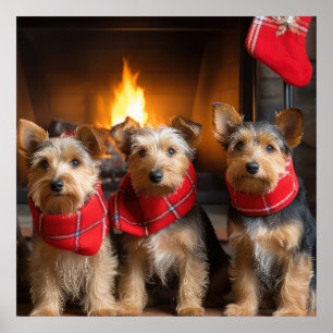 Australian Terrier by the Fireplace Christmas Poster