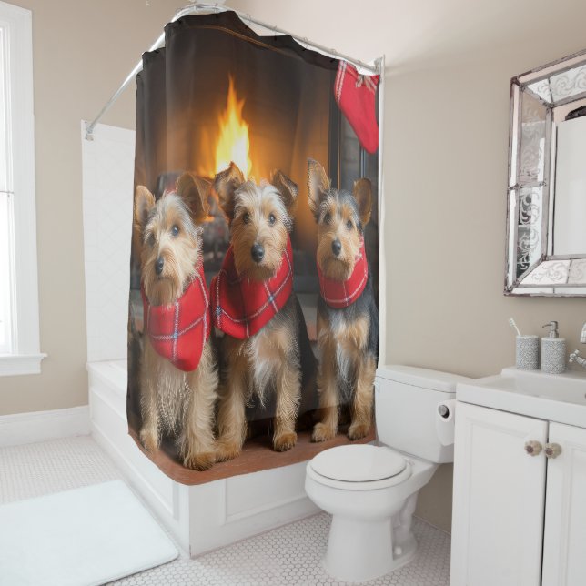 Australian Terrier by the Fireplace Christmas Shower Curtain (In Situ)