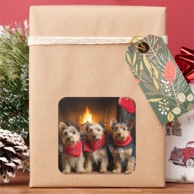 Australian Terrier by the Fireplace Christmas Square Sticker (Holiday)