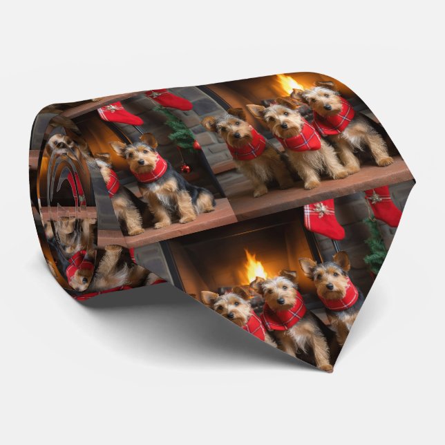 Australian Terrier by the Fireplace Christmas  Tie (Rolled)