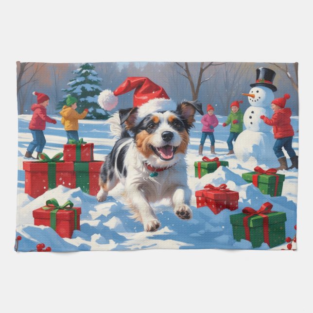 Australian Terrier Christmas Festive Snow Scene Tea Towel (Horizontal)
