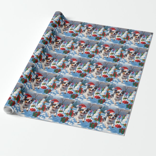 Australian Terrier Christmas Festive Snow Scene Wrapping Paper (Unrolled)