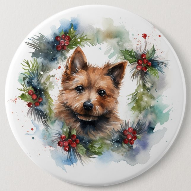 Australian Terrier Christmas Wreath Festive Pup  6 Cm Round Badge (Front)