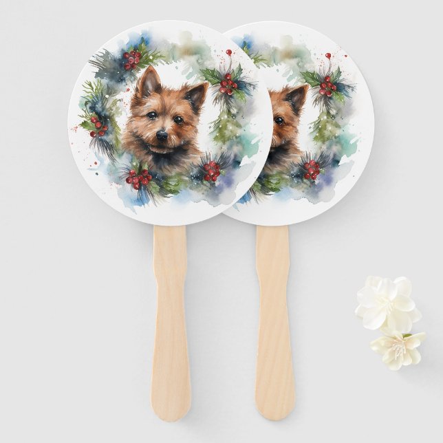 Australian Terrier Christmas Wreath Festive Pup  Hand Fan (Front and Back)