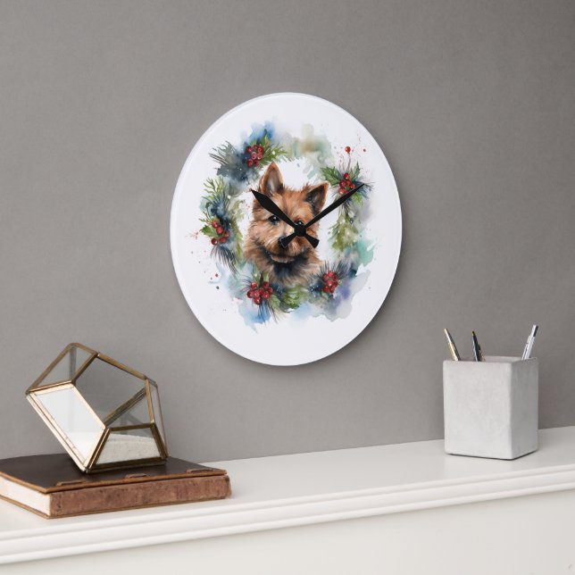 Australian Terrier Christmas Wreath Festive Pup  Large Clock (Office)