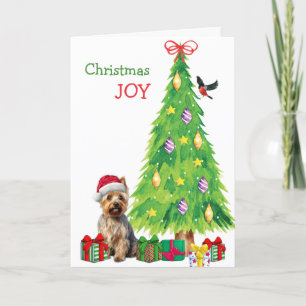 Australian Terrier Dog, Bird and Christmas Tree Holiday Card