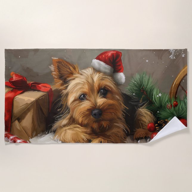 Australian Terrier Dog Christmas Festive Beach Towel (Front)