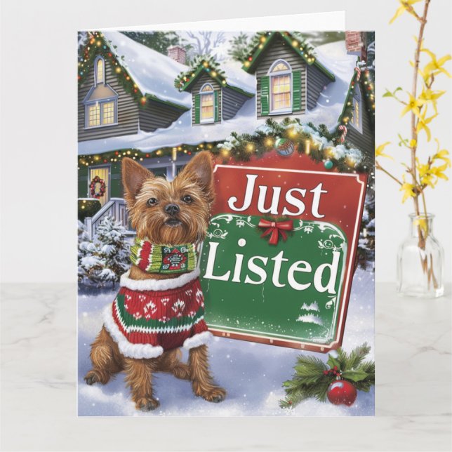Australian Terrier Dog Festive Realtor Christmas Card (Yellow Flower)