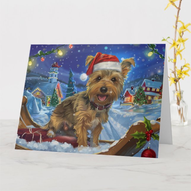 Australian Terrier Dog in Sleigh Snow Christmas Card (Yellow Flower)