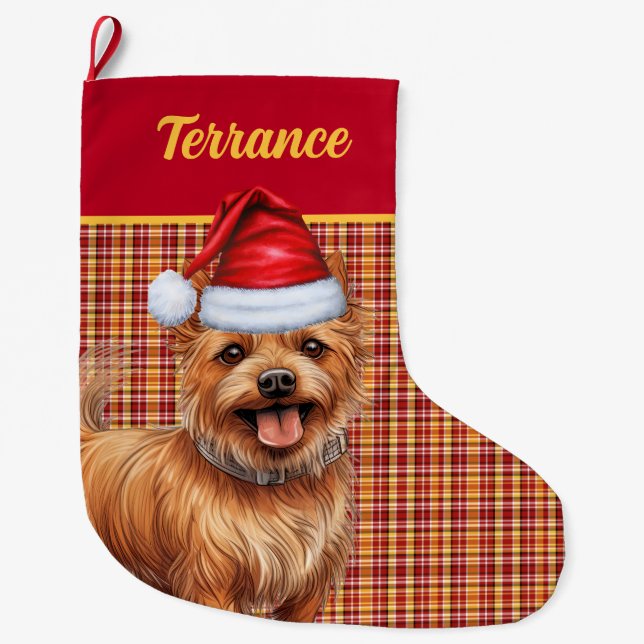Australian Terrier Dog Plaid with Name Large Christmas Stocking (Front)