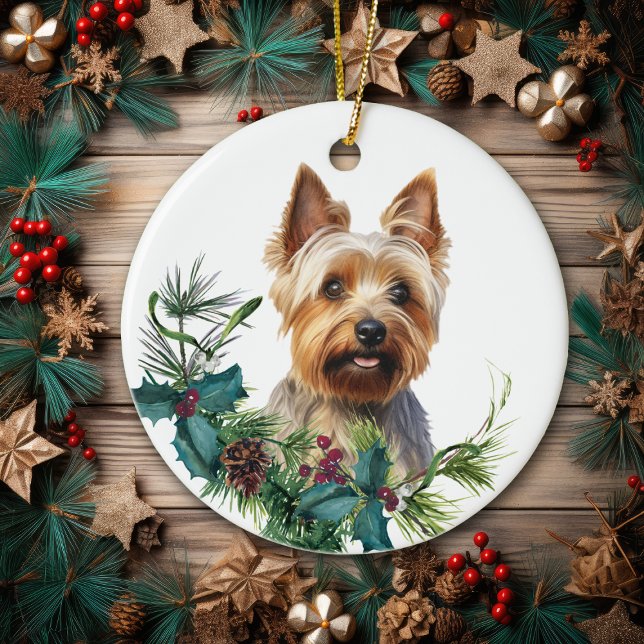Australian Terrier Dog Portrait Holly Wreath Ceramic Tree Decoration (Creator Uploaded)