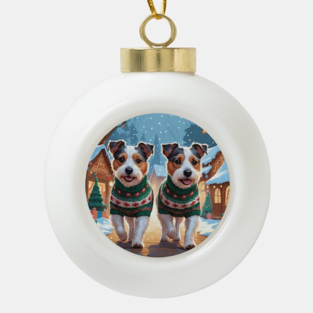 Australian Terrier Dogs Christmas Snow Holiday Ceramic Ball Christmas Ornament (Front)
