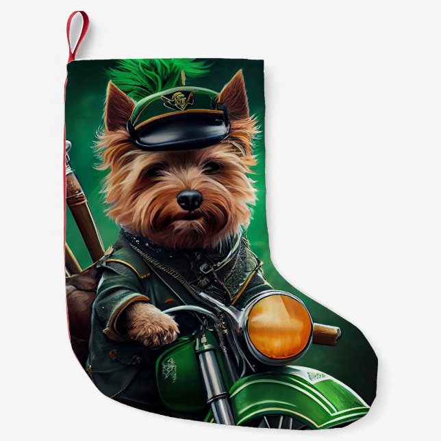 Australian Terrier driving bike St. Patrick's Day Small Christmas Stocking (Front)