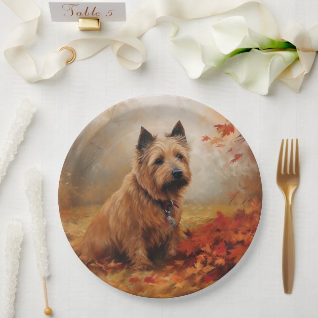 Australian Terrier in Autumn Leaves Fall Inspire Paper Plate (Wedding)