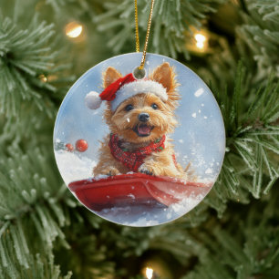 Australian Terrier in Sledge Let it Snow Christmas Ceramic Tree Decoration