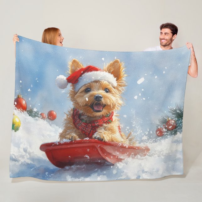 Australian Terrier in Sledge Let it Snow Christmas Fleece Blanket (In Situ)