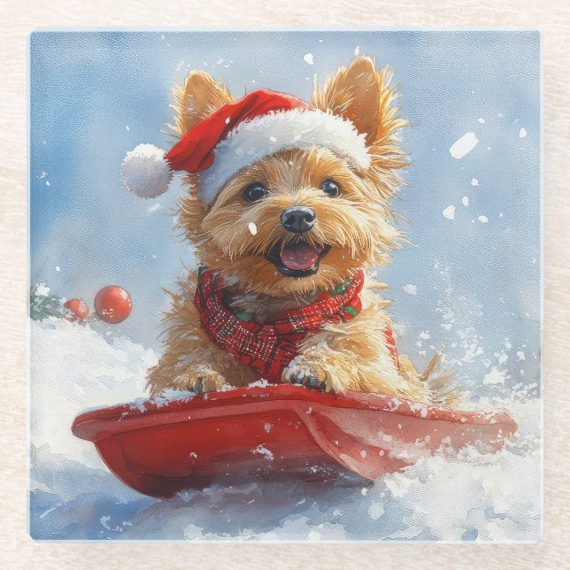 Australian Terrier in Sledge Let it Snow Christmas Glass Coaster (Front)